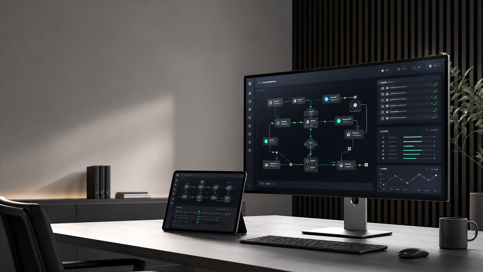 A workstation showing an enterprise AI workflow dashboard with connected nodes and traces